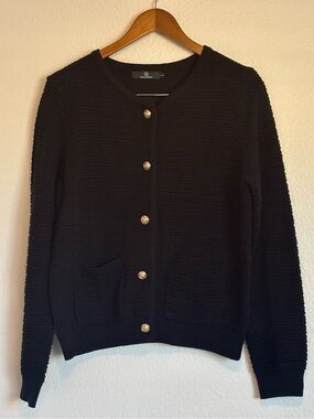 Polished Knit Button-Front Sweater Cardigan with gold tone burtons.